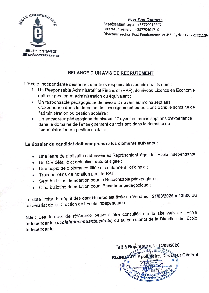 RELANCEMENT D'UN AVIS DE RECRUTEMENT